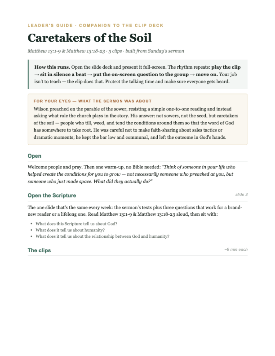First page of the leader's guide for the Caretakers of the Soil study deck